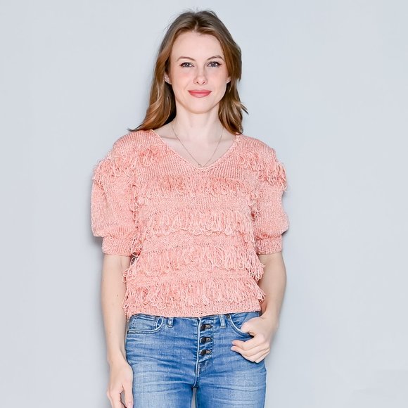VINTAGE Loopy Fringe Knit Peachy Pink Sweater Top 50s 60s XS/S - Picture 1 of 7